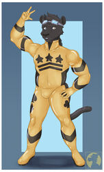  2021 5_fingers anthro artist_logo bent_arm black_body black_ears black_face black_fur black_hair bodysuit border bulge clothing digital_media_(artwork) eyewear felid fingers front_view fur goggles hair heterochromia hi_res humanoid_hands logo looking_at_viewer male mammal melanistic muscular muscular_male open_mouth pantherine shaded shadow skinsuit snout solo standing teeth tight_clothing wannabe_pendragon white_border 