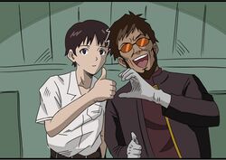  2boys beard black_hair brown_hair facial_hair father_and_son glasses gloves heart_hands_failure ikari_gendou ikari_shinji male_focus meme multiple_boys neon_genesis_evangelion open_mouth school_uniform short_hair smile sunglasses teeth thumbs_up tokyo-3_middle_school_uniform tomo_(torauto_saamon) white_gloves 