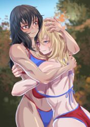  2girls andou_(girls_und_panzer) back bikini black_eyes black_hair blonde_hair blue_bikini blue_eyes blue_sky blurry blurry_background blush breasts clear_sky closed_mouth commentary dark-skinned_female dark_skin day depth_of_field girls_und_panzer half-closed_eyes halterneck highleg highleg_bikini highres hip_bones hug long_hair medium_breasts medium_hair messy_hair multiple_girls muscular muscular_female oshida_(girls_und_panzer) outdoors red_bikini shiny_skin sky smile standing string_bikini swimsuit tigern_(tigern28502735) tree two-tone_bikini yuri 