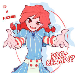  bow braid breasts buttons creux dress english_text female fingernails freckles gem hair_ornament hairbow incoming_hug long_hair looking_at_viewer meme my_little_pogchamp_(meme) open_mouth outstretched_arms profanity puffy_sleeves red_hair sharp_fingernails simple_background small_breasts solo striped twin_braids twintails wendy&#039;s wendy_(wendy&#039;s) white_background 