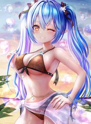  absurdres bad_id bad_twitter_id bare_shoulders bikini blue_hair blush breasts colored_tips cowboy_shot elf female flower hair_between_eyes hair_ornament highres hololive jewelry large_breasts long_hair looking_at_viewer multicolored_hair navel necklace official_alternate_hairstyle one_eye_closed pointy_ears ring smile solo streaked_hair swimsuit twintails virtual_youtuber wajuniorbox yellow_eyes yukihana_lamy 