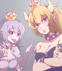  2girls armlet black_sclera blonde_hair blue_eyes bowsette bracelet breasts brooch chest_jewel choker cleavage collar collar_jewel colored_sclera crossed_arms dress earrings frilled_collar frilled_gloves frills ghost_pose gloves grey_background grey_dress grey_gloves grey_hair highres horns jewelry kukie-nyan large_breasts long_hair looking_at_viewer luigi&#039;s_mansion mario_(series) multiple_girls new_super_mario_bros._u_deluxe pointy_ears ponytail princess_king_boo puffy_short_sleeves puffy_sleeves red_eyes sharp_teeth short_sleeves smile sphere_earrings spiked_armlet spiked_bracelet spiked_collar spikes super_crown teeth tongue tongue_out 