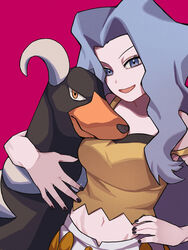  absurdres asia_(aji19081) bare_arms bare_shoulders black_fur black_nails blue_eyes blue_hair breasts camisole canine capri_pants crop_top demon_horns female fingernails hair_intakes hand_on_own_hip highres horns houndoom karen_(pokemon) light_blue_hair long_hair medium_breasts midriff nail_polish navel open_mouth pants parted_bangs pink_background pokemon pokemon_(creature) pokemon_hgss shirt simple_background smile spaghetti_strap strap_slip wavy_hair white_pants yellow_camisole yellow_shirt 