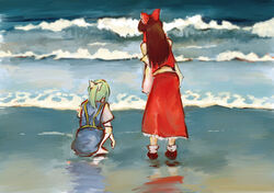  2girls blue_dress bow brown_hair commentary_request cookie_(touhou) daiyousei detached_sleeves diyusi_(cookie) dress fn2188 from_behind full_body green_hair hairbow hakurei_reimu high-visibility_vest highres long_hair long_skirt medium_hair multiple_girls noel_(cookie) ocean ponytail red_bow red_shirt red_skirt shirt short_sleeves skirt sleeveless sleeveless_shirt socks squatting standing touhou water waves white_shirt white_sleeves 