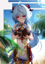  absurdres ahoge bare_shoulders beach bell binghaiankang black_legwear blue_hair blush breast_hold breast_lift breasts chinese_knot cleavage coconut cup day drinking_straw female flower_knot fruit_cup furrowed_brow ganyu_(genshin_impact) genshin_impact goat_horns gold_trim hair_in_own_mouth highres holding holding_cup horns light_rays long_hair looking_at_viewer low_ponytail medium_breasts neck_bell no_gloves nose_blush outdoors palm_tree pelvic_curtain purple_eyes red_rope rope sidelocks solo standing sun tassel thighlet thighs tree vision_(genshin_impact) 