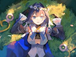  anatom_orange bad_id bad_pixiv_id black_gloves blue_bow blue_bowtie blue_cape blue_eyes blue_hair bow bow_earrings bowtie breasts brooch cape chains cleavage cleavage_cutout clothing_cutout detached_sleeves earrings fangs female flower gloves grass hair_intakes head_wreath highres hololive hololive_english jewelry lying on_back on_grass ouro_kronii parted_lips shirt short_hair solo upper_body virtual_youtuber white_flower white_shirt 