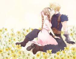  1boy aerith_gainsborough ancotsubu armor bandaged_arm bandages belt blonde_hair blue_pants blue_shirt boots bracelet braid braided_ponytail breasts brown_hair choker closed_eyes cloud_strife couple dress earrings female field final_fantasy final_fantasy_vii final_fantasy_vii_remake flower flower_field gloves hair_ribbon highres jacket jewelry kissing kneeling long_dress medium_breasts multiple_belts muscular muscular_male pants parted_bangs pink_dress protected_link ribbon shirt shoulder_armor sidelocks single_earring sitting spiked_hair straight suspenders unworn_jacket wavy_hair yellow_flower 