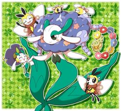  2019 blush closed_eyes comfey cutiefly elemental_creature evil_anaunara floette florges generation_6_pokemon generation_7_pokemon gesture green_background group hand_holding nintendo open_mouth pokemon pokemon_(species) ribombee simple_background thinking waving 