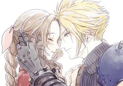  1boy aerith_gainsborough ancotsubu armor blonde_hair blue_eyes blue_shirt blush braid braided_ponytail brown_hair closed_eyes cloud_strife couple earrings female final_fantasy final_fantasy_vii final_fantasy_vii_remake gloves hair_ribbon hands_on_another&#039;s_head highres jacket jewelry parted_bangs protected_link red_jacket ribbon shirt shoulder_armor sidelocks single_earring sleeveless sleeveless_turtleneck spiked_hair straight suspenders turtleneck upper_body wavy_hair 