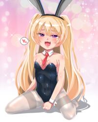  absurdres alternate_costume animal_ears azur_lane bache_(azur_lane) black_leotard blonde_hair blush breasts collar commentary detached_collar english_commentary fake_animal_ears female full_body grey_pantyhose heart highres igarashi_gozo leotard long_hair looking_at_viewer necktie open_mouth pantyhose playboy_bunny purple_eyes rabbit_ears red_necktie small_breasts smile solo sparkle_background spoken_heart strapless strapless_leotard twintails very_long_hair white_collar wrist_cuffs 