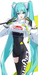  absurdres aqua_eyes aqua_hair asymmetrical_bodysuit bad_id bad_twitter_id black_bodysuit black_gloves black_thighhighs bodysuit bow channel_(_caststation) commentary covered_navel cowboy_shot cropped_jacket double_v female flag gloves goodsmile_racing green_flag green_gloves hair_between_eyes hair_ornament hands_up hatsune_miku highres holding holding_flag jacket long_hair long_sleeves looking_at_viewer multicolored_clothes multicolored_gloves print_bodysuit puffy_long_sleeves puffy_sleeves racing_miku racing_miku_(2022) simple_background single_leg_bodysuit single_thighhigh smile solo standing thighhighs triangle_mouth twintails two-tone_gloves v very_long_hair vocaloid white_background white_jacket 