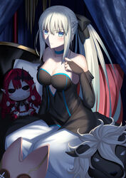  bad_id bad_twitter_id baobhan_sith_(fate) bare_shoulders black_bow black_dress blue_eyes blush bow braid breasts bridal_gauntlets cleavage collarbone detached_sleeves dress fate/grand_order fate_(series) female grey_hair habetrot_(fate) hairbow half_up_braid highres large_breasts long_hair looking_at_viewer mishiro_(ixtlolton) morgan_le_fay_(fate) parody ponytail sidelocks solo stuffed_toy style_parody takeuchi_takashi_(style) thighs two-tone_dress very_long_hair white_dress woodwose_(fate) 