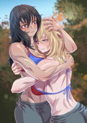  2girls andou_(girls_und_panzer) back bikini bikini_top_only black_eyes black_hair blonde_hair blue_bikini blue_eyes blue_sky blurry blurry_background blush breasts clear_sky closed_mouth commentary dark-skinned_female dark_skin day depth_of_field girls_und_panzer grey_shorts groin half-closed_eyes halterneck highres hug long_hair medium_breasts medium_hair messy_hair multiple_girls muscular muscular_female oshida_(girls_und_panzer) outdoors red_bikini shiny_skin shorts sky smile sportswear standing swimsuit tigern_(tigern28502735) tree two-tone_bikini yuri 