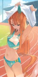  alternate_costume animal_ears armpits arms_up blunt_bangs blurry blurry_background breasts buruma female highres horse_ears horse_girl horse_tail jacket long_hair navel ningen_gokko orange_hair orange_tail running_track shirt silence_suzuka_(umamusume) sky small_breasts solo sweat tail track_jacket umamusume 