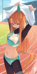  alternate_costume animal_ears arms_up blunt_bangs blurry blurry_background breasts buruma female highres horse_ears horse_girl horse_tail jacket long_hair navel ningen_gokko orange_hair orange_tail pantyhose pantyhose_under_buruma running_track silence_suzuka_(umamusume) sky small_breasts solo sweat tail track_jacket umamusume 