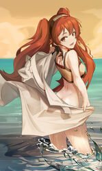  absurdres akimurasaki ass back bare_shoulders breasts brown_camisole camisole cloak cowboy_shot eris_greyrat female hairband highres hood hooded_cloak long_hair looking_at_viewer looking_back mushoku_tensei ocean open_mouth orange_sky outdoors red_eyes red_hair sideboob sky small_breasts smile solo splashing standing teeth twintails unworn_cloak very_long_hair water water_drop wet 