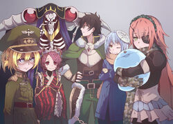  1other 2boys 3girls absurdres ainz_ooal_gown antennae armor arthropod_girl belt black_gloves black_hair blue_coat blue_eyes blue_hair breastplate brown_kimono camouflage camouflage_gloves camouflage_scarf cape closed_mouth coat coin cross crossed_arms crossover cz2128_delta dual_persona entoma_vasilissa_zeta expressionless extra_pupils eyepatch fangs fingerless_gloves fur_trim gloves green_cape green_eyes green_pants hand_on_own_hip hat highres iron_cross iwatani_naofumi japanese_clothes kimono kukie-nyan light_blue_hair long_hair looking_at_viewer maid maid_headdress mask mask_on_head military military_hat military_uniform multiple_boys multiple_crossover multiple_girls overlord_(maruyama) pants peaked_cap pink_hair red_eyes rimuru_tempest rimuru_tempest_(slime) short_hair skeleton skin_fangs skull slime_(creature) smile tanya_degurechaff tate_no_yuusha_no_nariagari tensei_shitara_slime_datta_ken trait_connection uniform very_long_hair yellow_eyes youjo_senki 