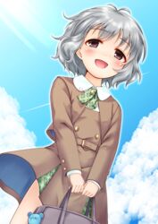  :d bag bag_charm blue_sky blush brown_dress brown_eyes brown_jacket buttoned_cuffs buttons charm_(object) cloud collared_shirt contrail day double-breasted dress dutch_angle female green_neckerchief grey_bag grey_hair highres holding holding_bag idolmaster idolmaster_cinderella_girls jacket long_sleeves looking_at_viewer md5_mismatch mole mole_under_eye narumiya_yume neckerchief open_clothes open_jacket open_mouth outdoors plaid_neckerchief regular_mow school_bag school_uniform shirt sky smile solo stuffed_animal stuffed_toy tareme teddy_bear white_shirt wind 