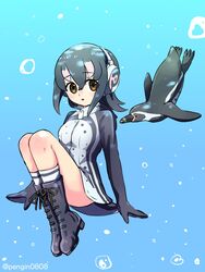  animal_costume bird black_hair female gloves headphones highres humboldt_penguin_(kemono_friends) kemono_friends kemono_friends_v_project looking_at_viewer multicolored_hair ocean pengin0808 penguin penguin_costume penguin_tail shirt short_hair skirt solo tail virtual_youtuber 