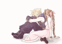  1boy aerith_gainsborough ancotsubu armor arms_behind_back bare_shoulders belt blonde_hair blue_pants blue_shirt boots bracelet braid braided_ponytail brown_hair cloud_strife crossed_arms dress female final_fantasy final_fantasy_vii final_fantasy_vii_remake full_body gloves hair_ribbon jacket jewelry long_dress pants parted_bangs pink_dress protected_link ribbon shirt shoulder_armor sidelocks sitting spiked_hair suspenders unworn_jacket 