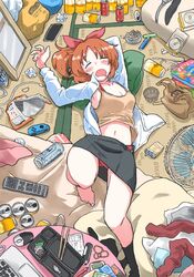  abe_nana arm_behind_head arms_up ashtray bag bag_of_chips barefoot beer_can bento black_skirt black_socks blush bow bra bra_strap breasts calculator can cd cellphone chips_(food) chopsticks cigarette cigarette_butt cigarette_pack cleavage closed_eyes clothes_on_floor collarbone collared_shirt commentary_request computer computer_mouse controller crumpled_paper cup disposable_cup drink_can drooling earphones electric_fan electric_plug female fish fish_bottle food full-length_mirror game_controller grey_bra hair_tie hairbow highres idolmaster idolmaster_cinderella_girls indoors joy-con laptop lighter long_hair lying magazine_(object) medium_breasts messy_room messy_sleeper midriff mirror mouth_drool navel on_back on_floor open_can open_clothes open_mouth open_shirt orange_hair panties panty_peek pantyshot partially_undressed pen phone plastic_bag ponytail popsicle power_strip red_bow red_bra red_panties remote_control round_table rubber_band sex_toy shirt single_sock skirt sleeping slovenly smartphone socks solo table tank_top tatami trash trash_bag undershirt underwear unworn_socks vibrator white_shirt zk_(zk_gundan) 