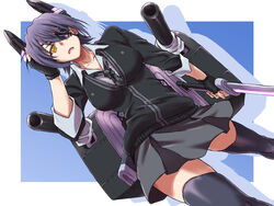  black_thighhighs breasts collarbone commentary_request eyepatch female gloves hand_on_own_head headgear highres iga_tomoteru kantai_collection large_breasts looking_at_viewer necktie open_mouth partially_fingerless_gloves purple_hair school_uniform short_hair solo sword tenryuu_(kancolle) thighhighs weapon yellow_eyes 