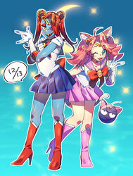  2girls bishoujo_senshi_sailor_moon blue_skin boots bow cat_girl cosplay eyepatch fish_girl gloves high_heel_boots high_heels highres mad_mew_mew magical_girl monster_girl multiple_girls oerba_yun_fang pink_hair red_hair ribbon sailor_chibi_moon_(cosplay) sailor_moon_(cosplay) skirt tail twintails undertale undyne wink 