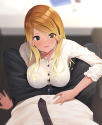  1boy absurdres amrita_(amber78gou) between_legs black_eyes blonde_hair blurry blurry_background boxers bra bra_peek breasts button_gap collared_shirt commentary_request desk earrings eyes_visible_through_hair female gradient_hair highres idolmaster idolmaster_shiny_colors imminent_fellatio imminent_paizuri izumi_mei jewelry large_breasts long_hair looking_at_viewer male_underwear multicolored_hair necktie open_fly out_of_frame parted_lips partially_unbuttoned pov shirt sleeves_rolled_up straight under_the_table underwear unzipped white_shirt 