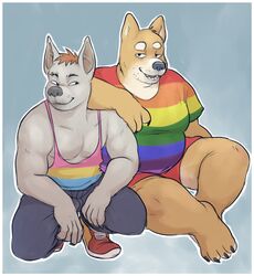  2018 4_fingers 4_toes alternate_pride_colors alternate_rainbow_pride_colors anthro barefoot big_shiba black_nose border bottomwear brown_hair canid canine canis clothed clothing domestic_dog duo eyebrow_piercing eyebrows facial_piercing feet fingers footwear fully_clothed glitter_trap_boy grey_background hair half-closed_eyes hi_res kneeling lgbt_pride looking_at_another looking_at_viewer male mammal multicolored_clothing multicolored_shirt multicolored_t-shirt multicolored_tank_top multicolored_topwear muscular muscular_male narrowed_eyes pansexual_pride_colors pants pattern_clothing piercing pride_color_clothing pride_color_shirt pride_color_t-shirt pride_color_tank_top pride_color_topwear pride_colors rainbow_clothing rainbow_pride_colors rainbow_shirt rainbow_topwear redhead_(character) shiba_inu shirt shoes short_hair simple_background sitting slightly_chubby smile spitz striped_clothing stripes t-shirt tank_top toes topwear white_border 