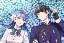  1boy armor berkut_(fire_emblem) black_armor black_gloves black_hair blue_bow blue_bowtie blue_eyes blue_flower blue_hair blurry bow bowtie braid brown_hair cape commentary_request crown_braid day depth_of_field dress female field fingerless_gloves fire_emblem fire_emblem_echoes:_shadows_of_valentia flower flower_field flower_wreath from_above fur_trim gloves hair_flower hair_ornament hand_up head_wreath holding_another&#039;s_arm long_hair long_sleeves looking_at_another lying nemophila_(flower) on_back on_ground outdoors rinea_(fire_emblem) shinkanoshin short_hair smile sweatdrop upper_body 