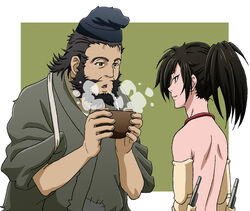  2boys beard black_hair blowing_on_food bowl brown_eyes commentary_request dororo_(tezuka) facial_hair food hyakkimaru_(dororo) japanese_clothes jukai_(dororo) ku2 looking_at_another male_focus motherly multiple_boys open_mouth ponytail prosthesis prosthetic_arm simple_background smile soup standing steam tasuki topless_male 