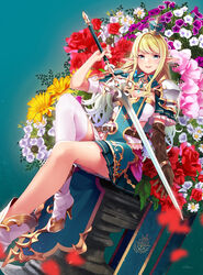  armor azalea_(flower) banner belt blonde_hair blue_eyes blush boots breasts brown_gloves chamomile cleavage commentary_request crown daisy dutch_angle elbow_gloves elf female floral_background flower foot_out_of_frame gloves gold_trim green_hair high_heel_boots high_heels highres holding holding_sword holding_weapon large_breasts long_hair looking_at_viewer mini_crown multicolored_hair open_mouth original parted_lips pauldrons petals petunia_(flower) photoshop_(medium) pink_flower pointy_ears purple_flower red_flower red_rose retsuna rose shoulder_armor sidelocks signature single_elbow_glove single_thighhigh sitting smile solo sword thighhighs very_long_hair weapon white_flower white_footwear white_hair white_thighhighs yellow_flower 