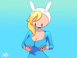  adventure_time animated aonoexorcist100 blue_background bouncing_breasts bunny_girl cartoon_network fionna_the_human_girl tagme warner_brothers yellow_hair 