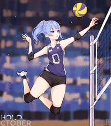  absurdres ball black_shorts blue_eyes blue_hair blue_nails blurry blurry_background female highres hololive hoshimachi_suisei jersey jumping knee_pads light_particles ma_draws parted_lips playing_sports ponytail short_shorts shorts solo sportswear star_(symbol) star_in_eye symbol_in_eye thighs virtual_youtuber volleyball volleyball_(object) volleyball_net volleyball_uniform 