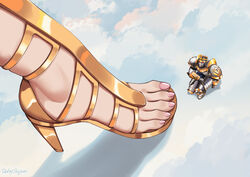  arm_armor armor cloud feet female foot_focus giant giantess gladiator_sandals heart heart-shaped_eyes helmet high_heels highres knight leg_armor lian_(paladins) nail_polish paladins pauldrons pink_nails ruby_suguri sandals shadow shoulder_armor signature size_difference toenail_polish toenails toes 