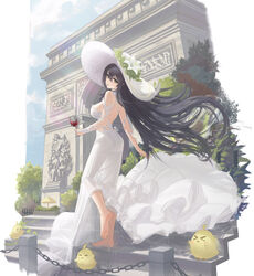  &gt;_&lt; absurdres alcohol alternate_costume arc_de_triomphe azur_lane bare_shoulders barefoot black_hair blue_sky breasts chains commentary_request cup day detached_sleeves dress drinking_glass feet female floating_hair flower from_side green_eyes hair_between_eyes hair_flower hair_ornament hat highres holding holding_cup indomitable_(azur_lane) large_breasts long_dress long_hair manjuu_(azur_lane) outdoors paris red_wine see-through_silhouette sky soles solo standing standing_on_one_leg sun_hat toes tree very_long_hair white_dress white_flower white_hat wind wine wine_glass yue_zheng_zhi_yu 