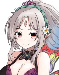  bare_shoulders black_one-piece_swimsuit breasts cleavage english_commentary female fire_emblem fire_emblem_heroes grey_hair high_ponytail highres large_breasts official_alternate_costume one-piece_swimsuit parted_bangs plumeria_(fire_emblem) plumeria_(summer)_(fire_emblem) pointy_ears red_eyes smile solo swimsuit tavi_(hosheezus) 