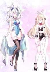  2girls absurdres ahoge animal_ears bare_shoulders black_leotard blonde_hair blue_eyes blue_leotard blush breasts cleavage covered_navel crossed_bangs detached_collar fake_animal_ears frills full_body garter_straps gloves gradient_background hair_ornament heart_o-ring high_heels highleg highleg_leotard highres hikikomari_kyuuketsuki_no_monmon holding knees_together_feet_apart legwear_garter leotard lilithea long_bangs long_hair looking_at_viewer mata_korosarete_shimatta_nodesune_tantei-sama medium_breasts multiple_girls o-ring o-ring_thigh_strap playboy_bunny rabbit_ears red_eyes ribbon riichu scan single_legwear_garter small_breasts standing strapless strapless_leotard terakomari_gandezblood thigh_gap thigh_strap thighhighs thighs white_hair wrist_cuffs 