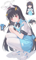  @_@ angel&#039;s_24_uniform_(blue_archive) apron black_bow black_bowtie black_hair blue_apron blue_archive blue_hair bow bowtie closed_eyes collared_shirt commentary female grey_halo halo highres long_hair looking_at_viewer miyu_(blue_archive) multiple_views official_alternate_costume pantyhose polo_shirt red_eyes serika shirt shoes short_sleeves simple_background white_background white_footwear white_pantyhose white_shirt 