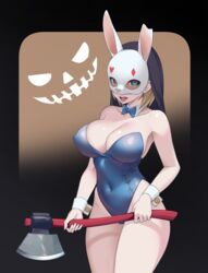  axe bare_shoulders blonde_hair blue_eyes blue_leotard breasts covered_navel dead_by_daylight detached_collar female gradient_background halloween heart heart-shaped_pupils highleg highleg_leotard highres holding holding_axe large_breasts leotard looking_at_viewer mask nekobao open_mouth original playboy_bunny rabbit_mask short_hair solo strapless strapless_leotard symbol-shaped_pupils tongue wrist_cuffs 