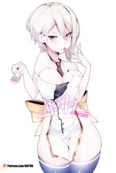  apron artist_name back_bow bare_shoulders between_breasts black_necktie bow breasts chef cleavage curvy english_text female groin hair_between_eyes highres holding holding_spoon hot_vr large_breasts licking looking_at_viewer nakiri_alice narrowed_eyes necktie necktie_between_breasts patreon_logo patreon_username red_eyes red_necktie ribbon shokugeki_no_souma short_hair simple_background solo spoon standing striped_necktie thighhighs tongue tongue_out white_background white_hair 