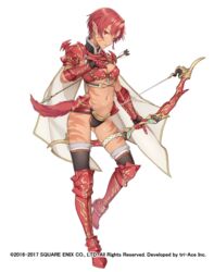  armor arrow_(projectile) bikini_armor bow_(weapon) breasts closed_mouth earrings facial_mark female full_body gloves holding holding_arrow holding_bow_(weapon) holding_weapon jewelry looking_at_viewer macco official_art pauldrons phia_mell pointy_ears red_eyes red_hair short_hair shoulder_armor simple_background solo square_enix star_ocean star_ocean_anamnesis star_ocean_first_departure tail weapon white_background 