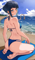  absurdres ass audio_jack bare_arms bare_legs bare_shoulders barefoot beach beach_mat bikini blue_bikini blue_eyes blue_hair blue_sky blunt_bangs blush boku_no_hero_academia breasts bright_pupils closed_mouth cloud day feet female from_behind halterneck highres horizon jirou_kyouka long_earlobes looking_at_viewer looking_back multi-strapped_bikini_bottom ocean outdoors seiza shore short_hair sidelocks sitting sky small_breasts smile soles solo split_mouth swimsuit toes water white_pupils zd_(pixiv6210083) 