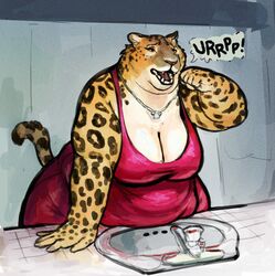  2023 anthro belly belly_rest belly_squish better_version_at_source big_breasts breasts burping cettus cleavage clothed clothing double_chin dress felid female fur hi_res ilse_lemaire inside jaguar jewelry leaning_on_object mammal markings necklace onomatopoeia open_mouth overweight overweight_anthro overweight_female pantherine red_clothing red_dress sink skimpy solo sound_effects spots spotted_body spotted_fur squish tail teeth text wide_hips yellow_body yellow_fur 