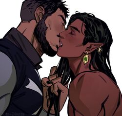  2boys bara beard blush brown_hair buzz_cut castlevania:_nocturne castlevania_(series) cheekbones clothed_male_nude_male couple dark-skinned_male dark_skin facial_hair foreplay french_kiss highres kissing large_pectorals long_hair male_focus mature_male mizrak_(castlevania) moustache multiple_boys muscular muscular_male nude olrox pectorals playing_with_another&#039;s_hair pointy_ears priest short_hair thick_eyebrows thick_mustache upper_body very_short_hair vita-divata yaoi 