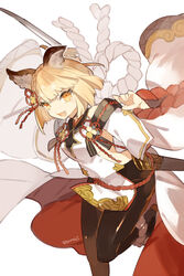  animal_ears artist_name blonde_hair braid breasts brown_pantyhose cyenmi3 detached_sleeves dog_ears dress erune female granblue_fantasy highres holding holding_sword holding_weapon oerba_yun_fang open_mouth orange_eyes pantyhose pelvic_curtain rope sandals sheath shimenawa short_dress short_hair simple_background sleeveless sleeveless_dress small_breasts smile solo sword vajra_(granblue_fantasy) weapon white_background white_dress wide_sleeves 