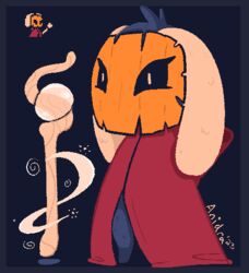  anidra anthro blue_border border cape cape_only clothing digital_media_(artwork) fan_character female floppy_ears fluffy food fruit low_res magic mammal mask mostly_nude pixel_(artwork) plant pumpkin pumpkin_mask settlemoon solo squash_(character) staff unknown_species weapon 