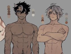  3boys abs alhaitham_(genshin_impact) alternate_body_hair alternate_skin_color arataki_itto arm_hair bara black_hair commentary cropped crossed_arms dante_(rottendevilman) dark-skinned_male dark_skin english_commentary genshin_impact grey_background grey_hair grey_vest hair_between_eyes hair_ears highres large_pectorals male_focus mastectomy_scar multicolored_hair multiple_boys navel navel_hair nipples pectorals sanpaku scar scar_on_chest scar_on_neck scars_all_over short_hair simple_background stomach streaked_hair thick_eyebrows toned toned_male too_many unfinished vest wriothesley_(genshin_impact) 