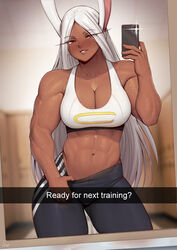  abs absurdres animal_ears bare_shoulders black_pants blurry blurry_background blush boku_no_hero_academia breasts camera_flash cellphone cleavage clothes_pull collarbone contrapposto cowboy_shot crescent_print dark-skinned_female dark_skin english_commentary english_text female forehead highres holding holding_phone large_breasts locker locker_room long_eyelashes long_hair looking_at_viewer mirko mirror muscular muscular_female navel pants pants_pull parted_bangs parted_hair parted_lips phone pulling_own_clothes rabbit_ears rabbit_girl red_eyes reflection selfie signature smartphone smile snapchat solo speedl00ver standing stomach sweat thick_thighs thighs tight_clothes tight_pants veins veiny_arms very_long_hair white_hair yoga_pants 