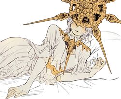  blush breasts covered_eyes dark_souls_(series) dark_souls_i dark_sun_gwyndolin dress female fingerless_gloves genderswap_(mtf) gloves gold_headwear grey_dress grey_gloves grey_hair highres layered_dress lying medium_breasts on_side pillow rule_63 short_hair short_sleeves solo spiked_helmet spiked_necklace zunkome 